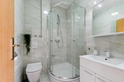 a bathroom with a shower and a toilet and a sink at Apartments Marija in Bibinje