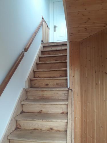 a staircase in a house with wooden walls at OG Die alte Stadtmühle direkt an der Flämingskate in Jüterbog