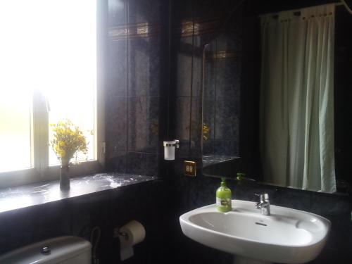 een badkamer met een wastafel, een toilet en een raam bij Casa de Aldea la Galeria habitación en casa particular in poo de Llanes