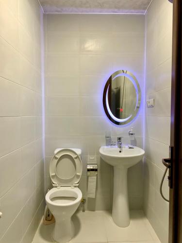 a bathroom with a toilet and a sink and a mirror at Hotel Red Bridge in Kutaisi