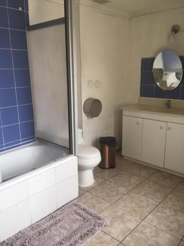 a bathroom with a toilet and a shower and a sink at Residencial Campo Verde in La Serena