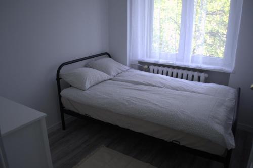 een kleine slaapkamer met een bed en een raam bij Apartment Mostek 5 minutes walk from the Old Town in Gdańsk