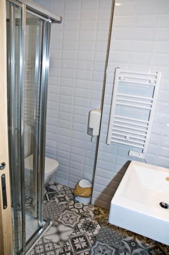 a bathroom with a shower and a sink and a toilet at PENSION SERRANO in Sarria