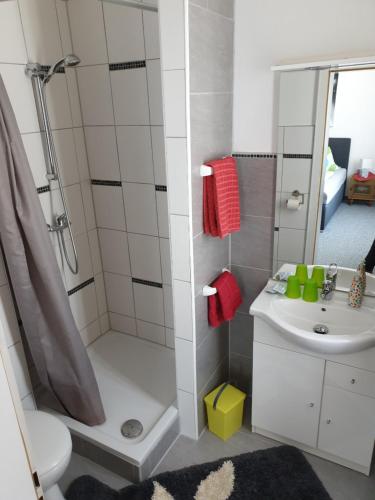 a bathroom with a shower and a sink at Pension Sabine in Oberstaufen