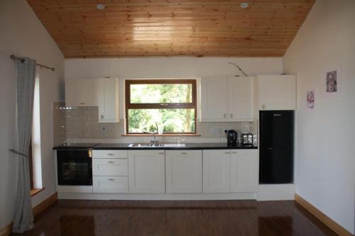 a kitchen with white cabinets and a black refrigerator at Butterfly cabin in Limerick