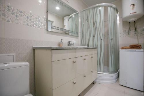 クロプィウヌィーツィクィイにあるApartments on Preobrazhenskayaのバスルーム(シンク、シャワー、トイレ付)
