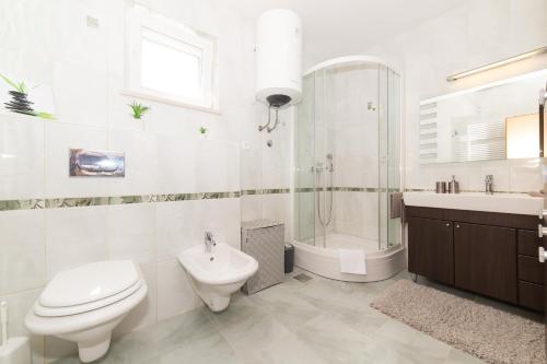 ein Bad mit einem WC, einem Waschbecken und einer Dusche in der Unterkunft Villa Calluna in Trogir