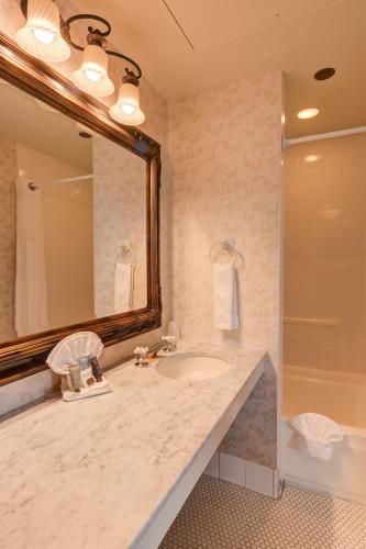 a bathroom with a sink and a mirror and a shower at Gaslamp Plaza Suites in San Diego