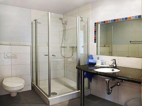 een badkamer met een douche, een toilet en een wastafel bij Das smarte Hotel garni in Höchst