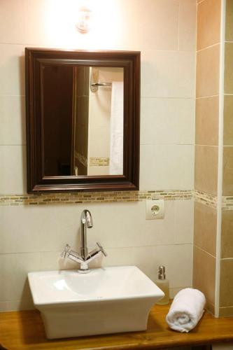 a bathroom with a white sink and a mirror at Casa Felisa Pirineo Aragonés in Santa Eulalia de Gállego
