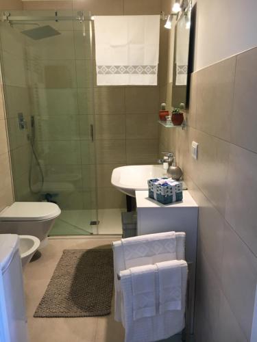 ein Bad mit einer Dusche, einem Waschbecken und einem WC in der Unterkunft Teti Holiday Home in Polignano a Mare