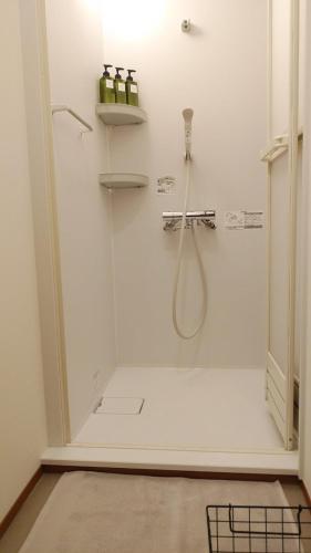 a shower in a white bathroom with a shower at Okunikko Guesthouse JUN in Nikko