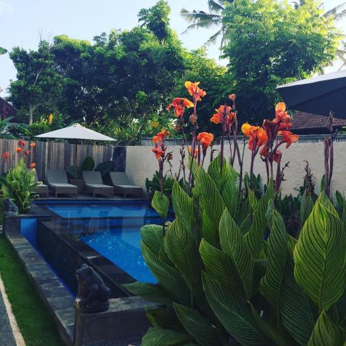 a swimming pool in a garden with a bunch of flowers at Lembongan Small Heaven Bungalow in Nusa Lembongan