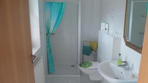La salle de bains est pourvue d'une douche, de toilettes et d'un lavabo. dans l'établissement Ferienwohnung Ahausen, à Ahausen