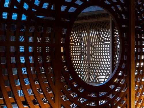 a view from the inside of a building with a circular ceiling at Lake Shikotsu Tsuruga Bessou AO no ZA in Chitose
