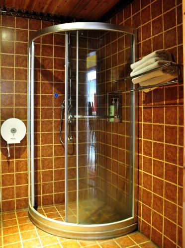 a shower with a glass door in a bathroom at Gaisang Mêdog Aroma Fragrance Hotel in Lhasa