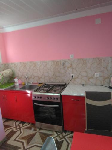 a kitchen with a red stove and a sink at Guest House Fazisi in Kutaisi