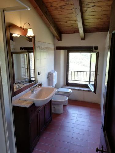 a bathroom with a sink and a toilet and a mirror at Antico Borgo "Costa di Dente" in Castel dʼAiano