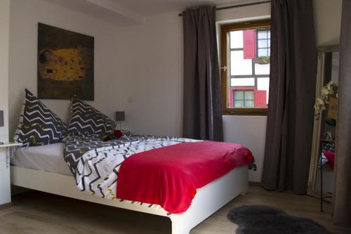 バート・ヘニンゲンにあるHaase Eckのベッドルーム1室(赤毛布、窓付)