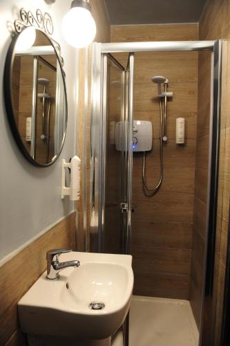 a bathroom with a sink and a shower with a mirror at Talbot Coach House in Dublin