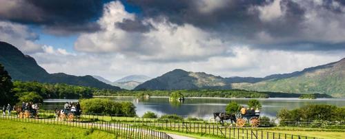a group of people on horse drawn carriages near a lake at Tatler Jack in Killarney