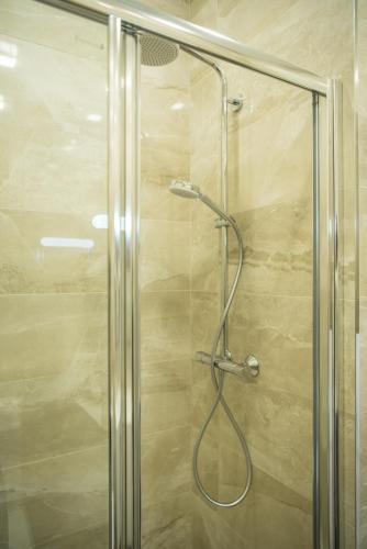 a shower with a glass door in a bathroom at Sea Star Apartments (sea view) in Odesa