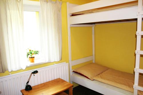 a bedroom with two bunk beds and a window at Penzion Gott in Lipova Lazne