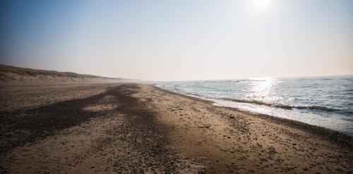 a sandy beach with the ocean on a cloudy day at Hvide Sande Beach Apartments in Hvide Sande