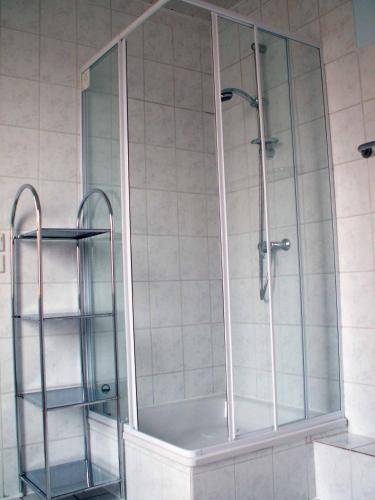 a shower with a glass enclosure in a bathroom at Ferienwohnung Köhler in Goslar