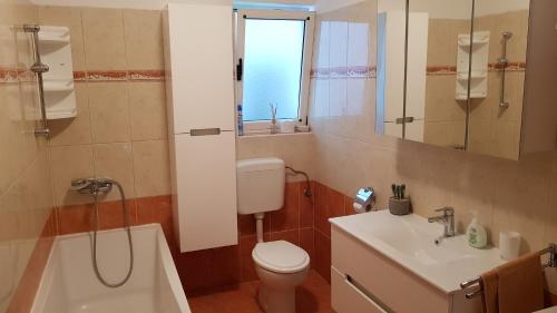 a bathroom with a toilet and a sink and a shower at Filip Apartment in Zadar