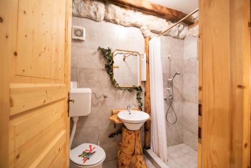 y baño con lavabo, aseo y ducha. en Klub Zlata Ribica, en Jesenice