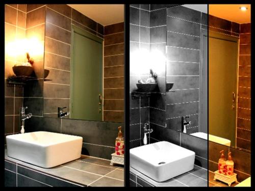 two pictures of a bathroom with a sink and a mirror at The Fitzrovia Belle Hotel in London