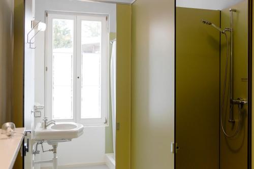a bathroom with a sink and a shower at Hotel Regina in Mürren
