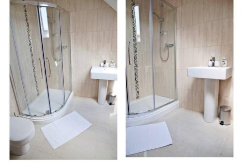two pictures of a bathroom with a shower and a sink at Bamflatt Farm Bed & Breakfast in Strathaven