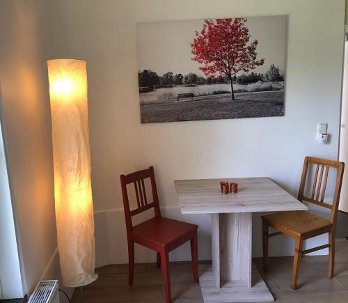 een tafel en twee stoelen en een tafel en een lamp bij Ruhiges Apartment mit Blick in den Garten in Alsdorf