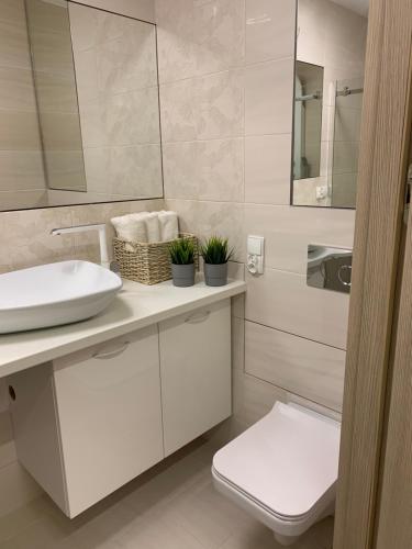 a white bathroom with a sink and a toilet at Apartament Sucharskiego in Toruń