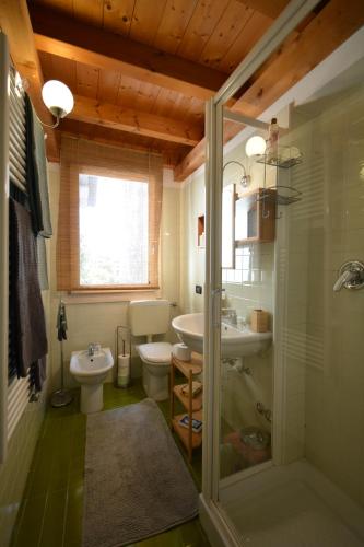 e bagno con servizi igienici, lavandino e doccia. di CHEZ LA REINE .....un'idea di CHALET IN CITTA' a Vicenza