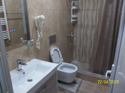 バトゥミにあるМАТЕ Apartmentのトイレ、洗面台、シャワー付きのバスルーム