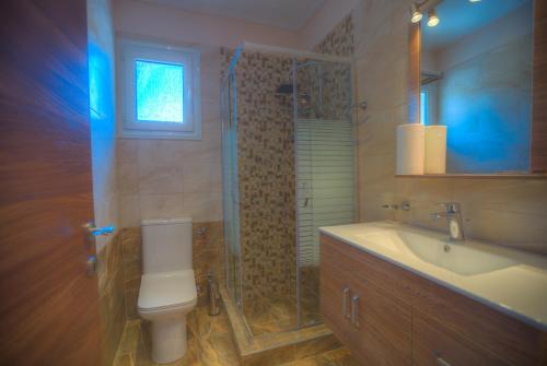 a bathroom with a toilet and a shower and a sink at Santalas Villa in Ágios Matthaíos