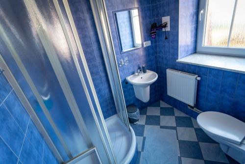 La salle de bains est pourvue de carrelage bleu, de toilettes et d'un lavabo. dans l'établissement Pension Maate, à Český Krumlov