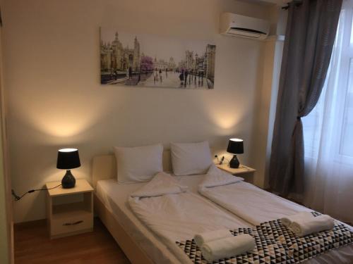a bedroom with a bed with a picture on the wall at Apartment Dima in Varna City