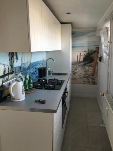 a kitchen with a sink and a stove top oven at Apartament Armia in Gdynia