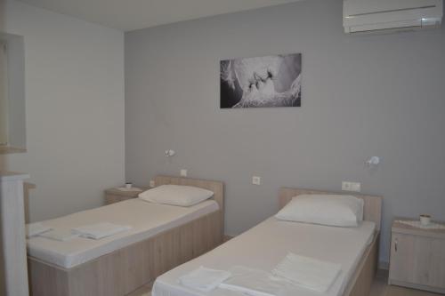 two beds in a room with a picture on the wall at Skunca’s house in Novalja