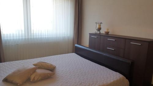 1 dormitorio con 1 cama con 2 almohadas y vestidor en Gardino Apartamentai, en Šiauliai