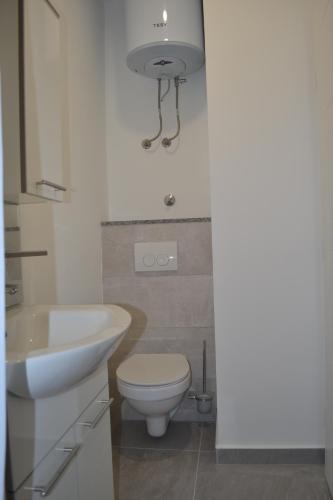 a bathroom with a white toilet and a sink at Skunca’s house in Novalja