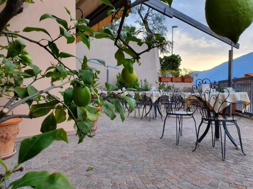 an outdoor patio with tables and chairs and a lemon tree at Villa Belvedere Hotel in Limone sul Garda
