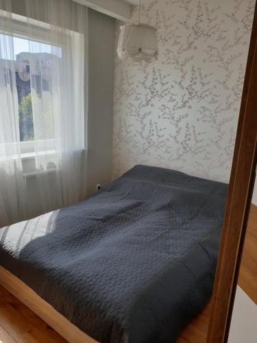 een slaapkamer met een bed met een blauwe deken en een raam bij Apartament Starowiejska in Gdynia