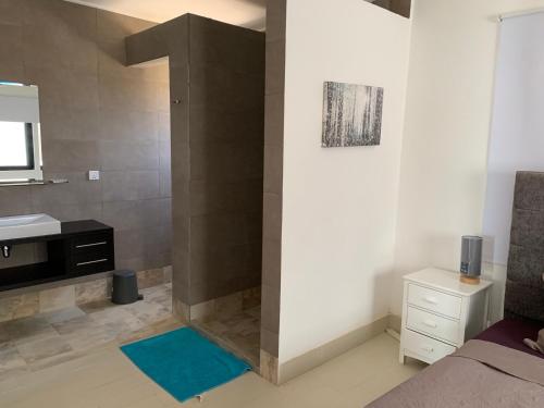 a bathroom with a shower and a sink at WATERFRONT FLAT in Sere Kunda NDing