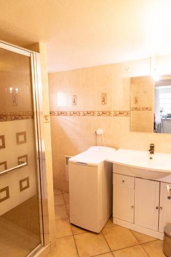 une salle de bain avec un lavabo blanc et une douche dans l'établissement Charmant 2 pièces moderne, à Clichy-sous-Bois
