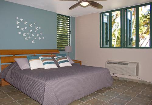 Schlafzimmer mit einem Bett, einem Deckenventilator und Fenstern in der Unterkunft Crystal Blue in Luquillo